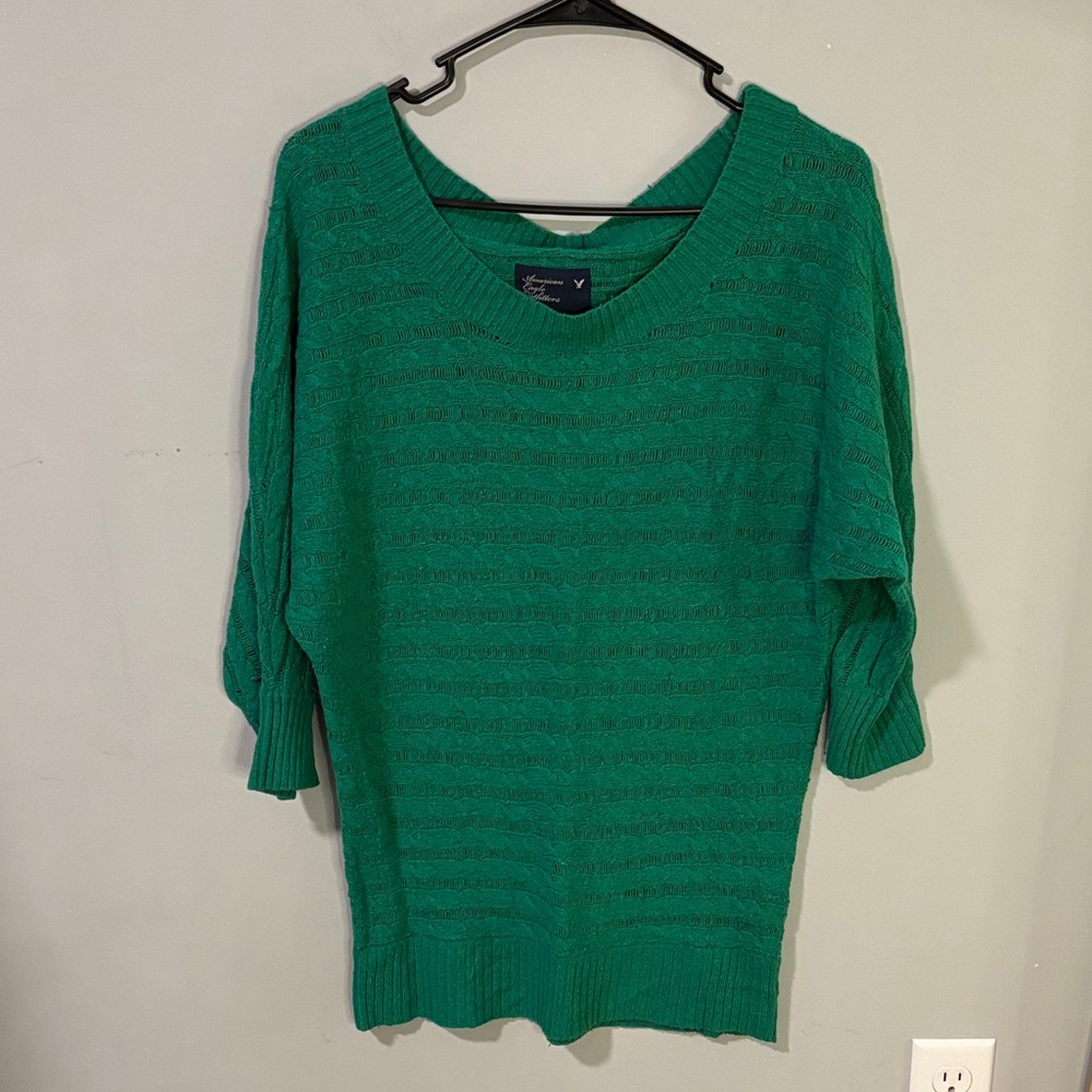 Y2K American Eagle Outfitters Green Cable Knit Batwing Sleeve Sweater Large